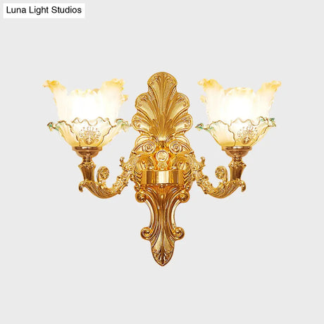 Classic Gold Wall Sconce Light With Ruffle Glass Flower And Curvy Arm