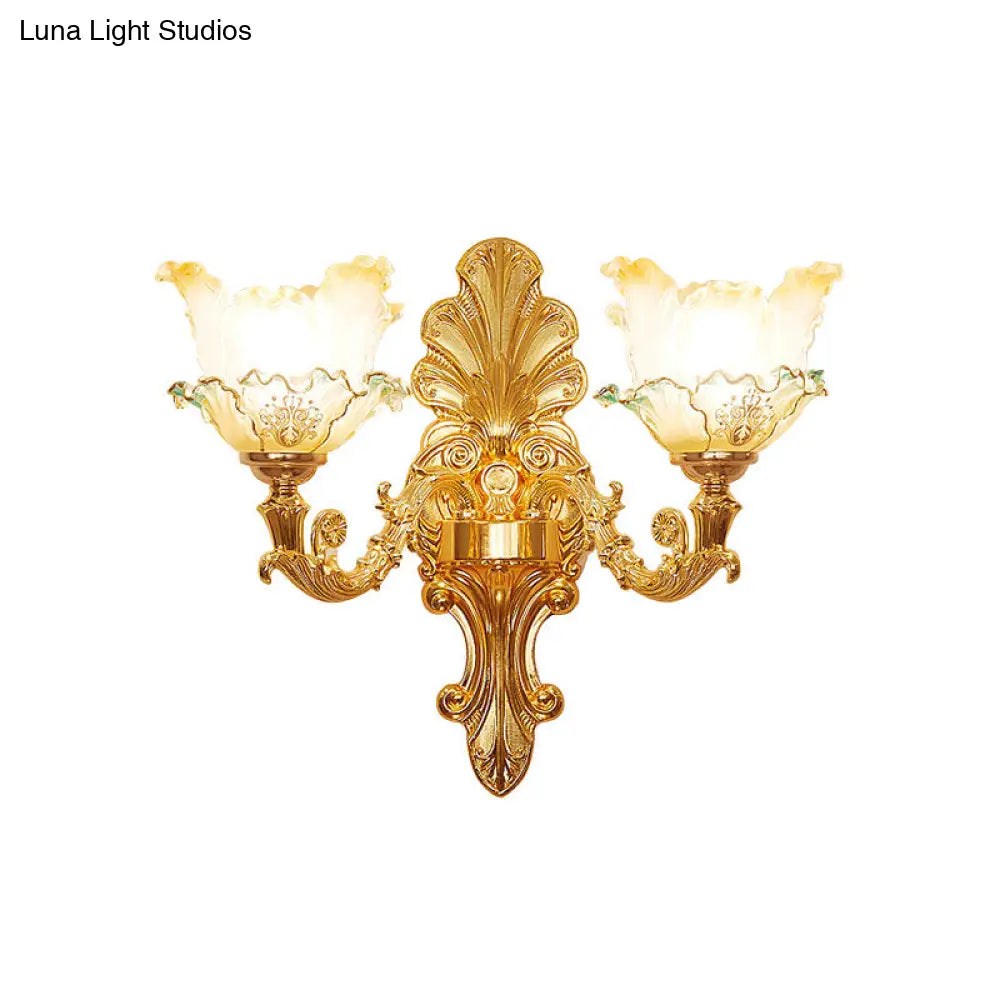 Classic Gold Wall Sconce Light With Ruffle Glass Flower And Curvy Arm