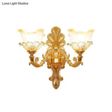 Classic Gold Wall Sconce Light With Ruffle Glass Flower And Curvy Arm