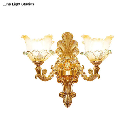 Classic Gold Wall Sconce Light With Ruffle Glass Flower And Curvy Arm