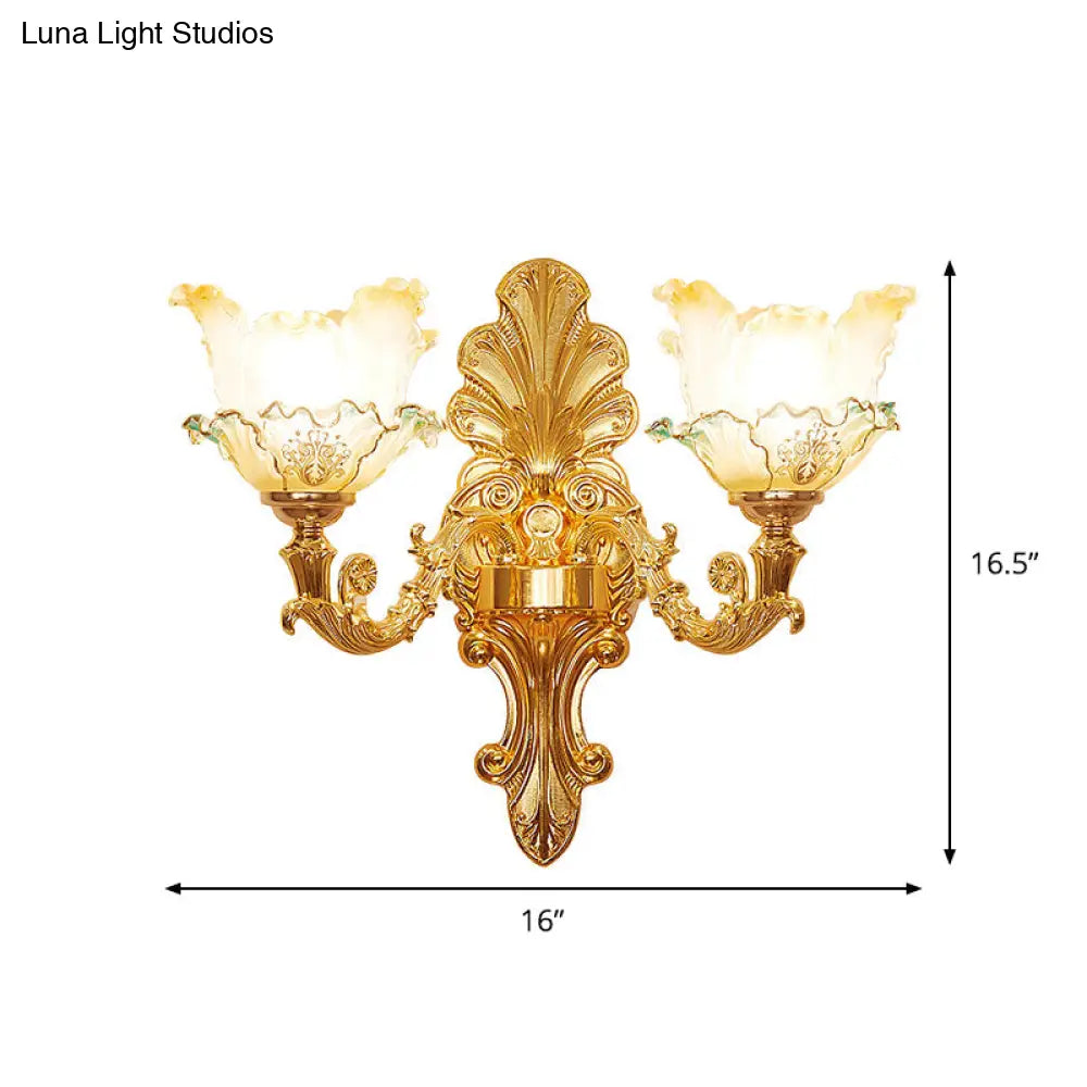 Classic Gold Wall Sconce Light With Ruffle Glass Flower And Curvy Arm