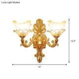 Classic Gold Wall Sconce Light With Ruffle Glass Flower And Curvy Arm