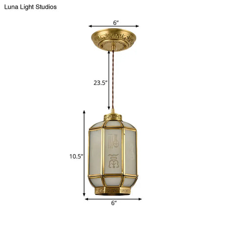 Classic Metal Lantern Corridor Drop Pendant: Brass Hanging Lamp With Frosted Glass Shade