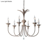 Classic Rustic Iron Chandelier With Crystal Droplets - 6 Bulbs Living Room Ceiling Pendant