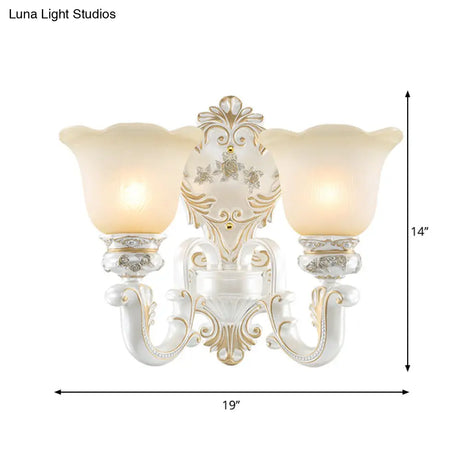 Classic Scalloped-Trim Wall Light With Frosted Glass - White-Gold Finish