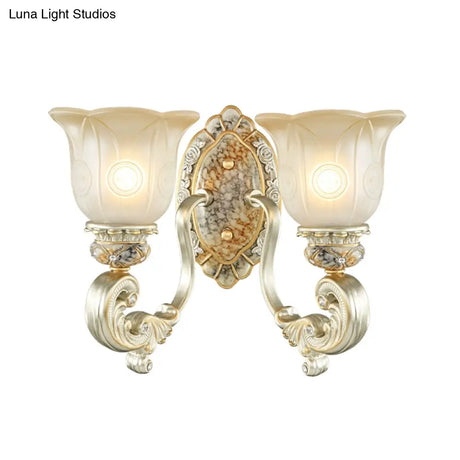 Classic Scalloped Wall Light Fixture With White Glass 1/2-Light Mount In Gold - Perfect For Bedrooms