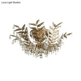 Classic Style Crystal Orb Gold/Black Semi - Flush Mount Leaf Ceiling Light For Bedroom - 10 Heads