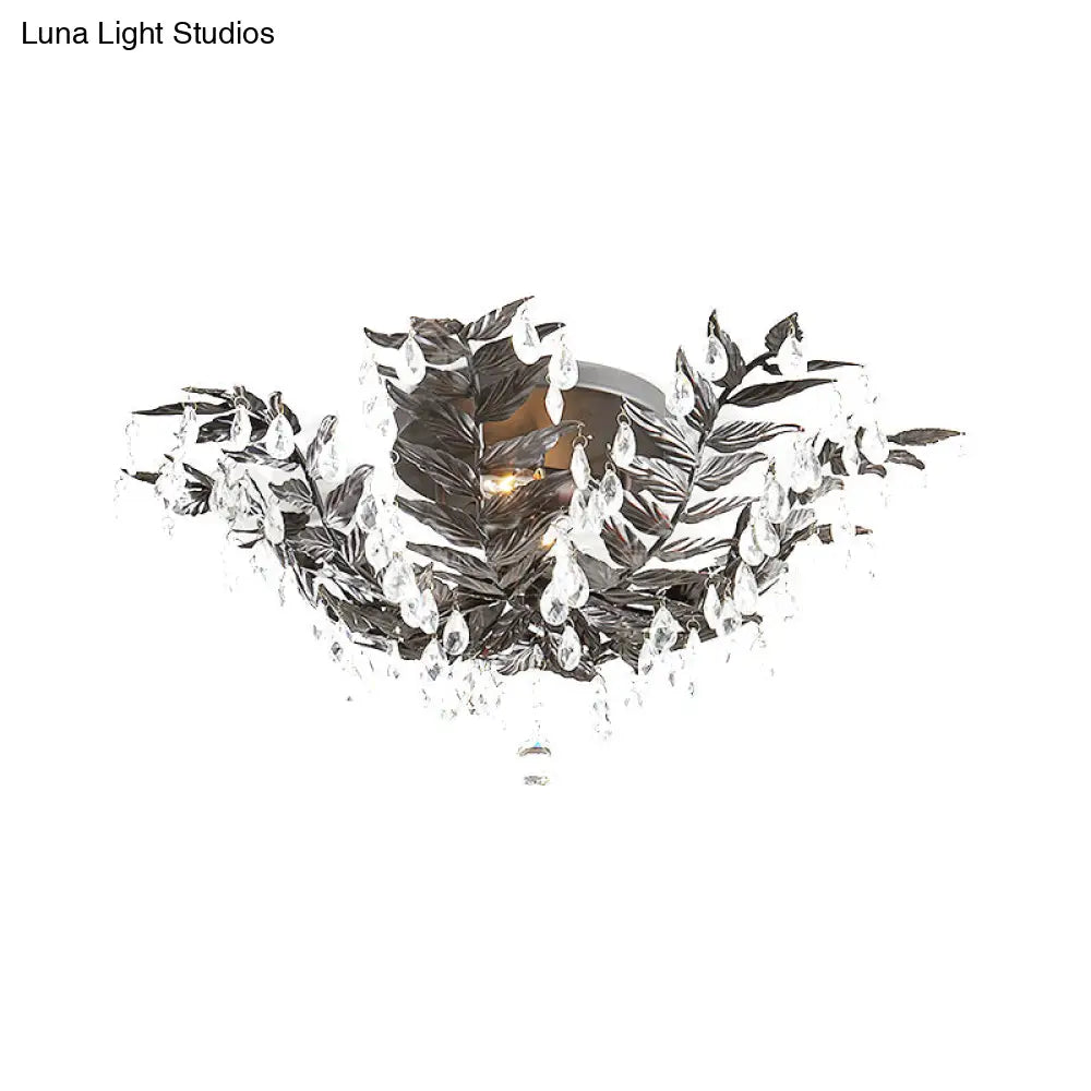 Classic Style Crystal Orb Gold/Black Semi - Flush Mount Leaf Ceiling Light For Bedroom - 10 Heads