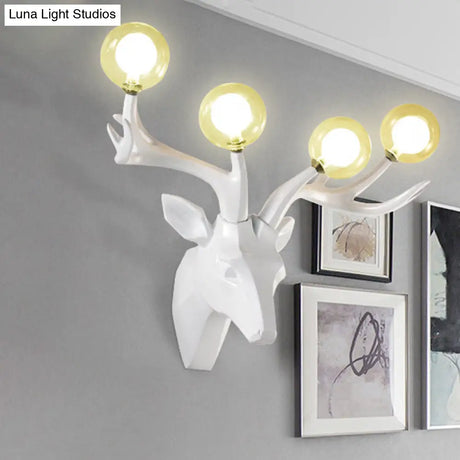 Classic Style Sika Deer Wall Lamp With Clear Crystal Shade - 4 Heads Black/White/Blue Resin For