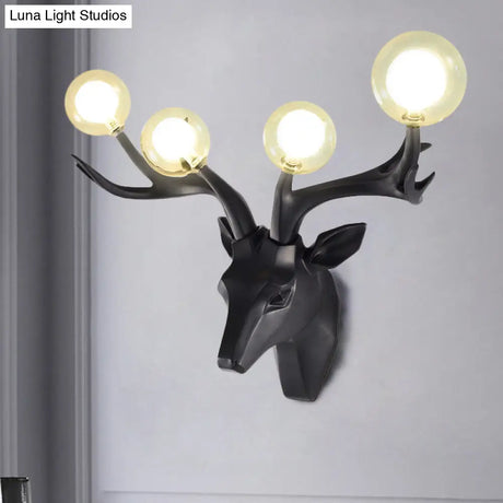 Classic Style Sika Deer Wall Lamp With Clear Crystal Shade - 4 Heads Black/White/Blue Resin For