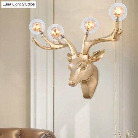 Classic Style Sika Deer Wall Lamp With Clear Crystal Shade - 4 Heads Black/White/Blue Resin For