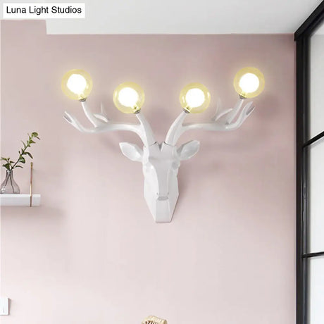 Classic Style Sika Deer Wall Lamp With Clear Crystal Shade - 4 Heads Black/White/Blue Resin For
