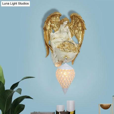 Classic Style Water Drop Crystal Wall Sconce With Angel And Blossom Design - Gold/Dark Gold Finish