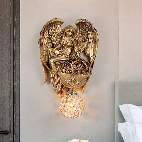 Classic Style Water Drop Crystal Wall Sconce With Angel And Blossom Design - Gold/Dark Gold Finish
