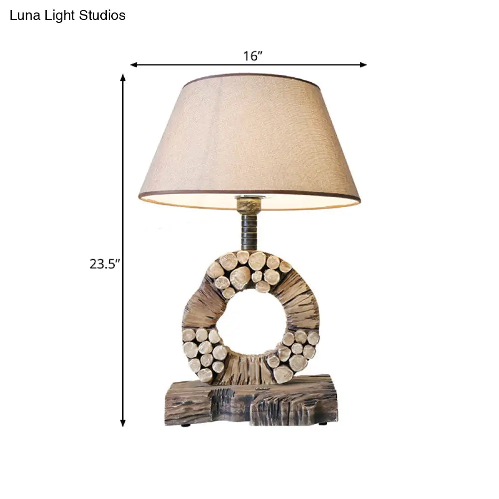 Classic Tapered Night Table Light - 1-Light Fabric Nightstand Lighting Brown With Wood Base
