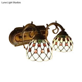 Classic Tiffany Domed Wall Sconce Lamp In Red/Yellow For Hotel With Stained Glass And 2 Bead Heads