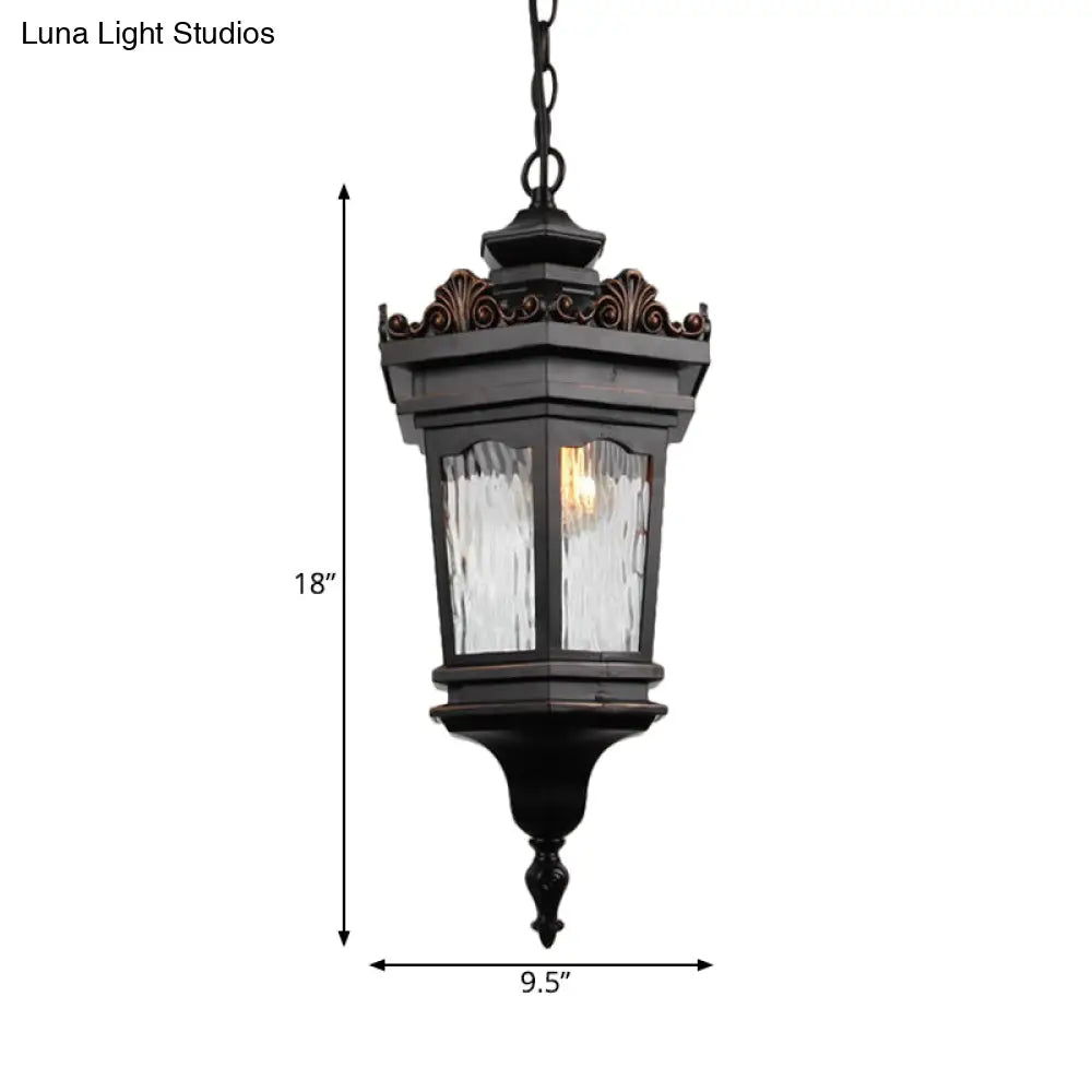 Classic Water Glass Lantern Pendant Ceiling Light In Black - 1 Head Down Lighting For Corridors