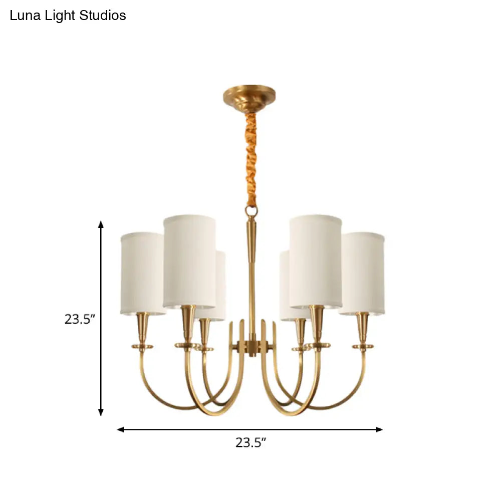 Classic White Cylindrical Pendant Chandelier - 6 Lights Fabric Shade Perfect For Living Room