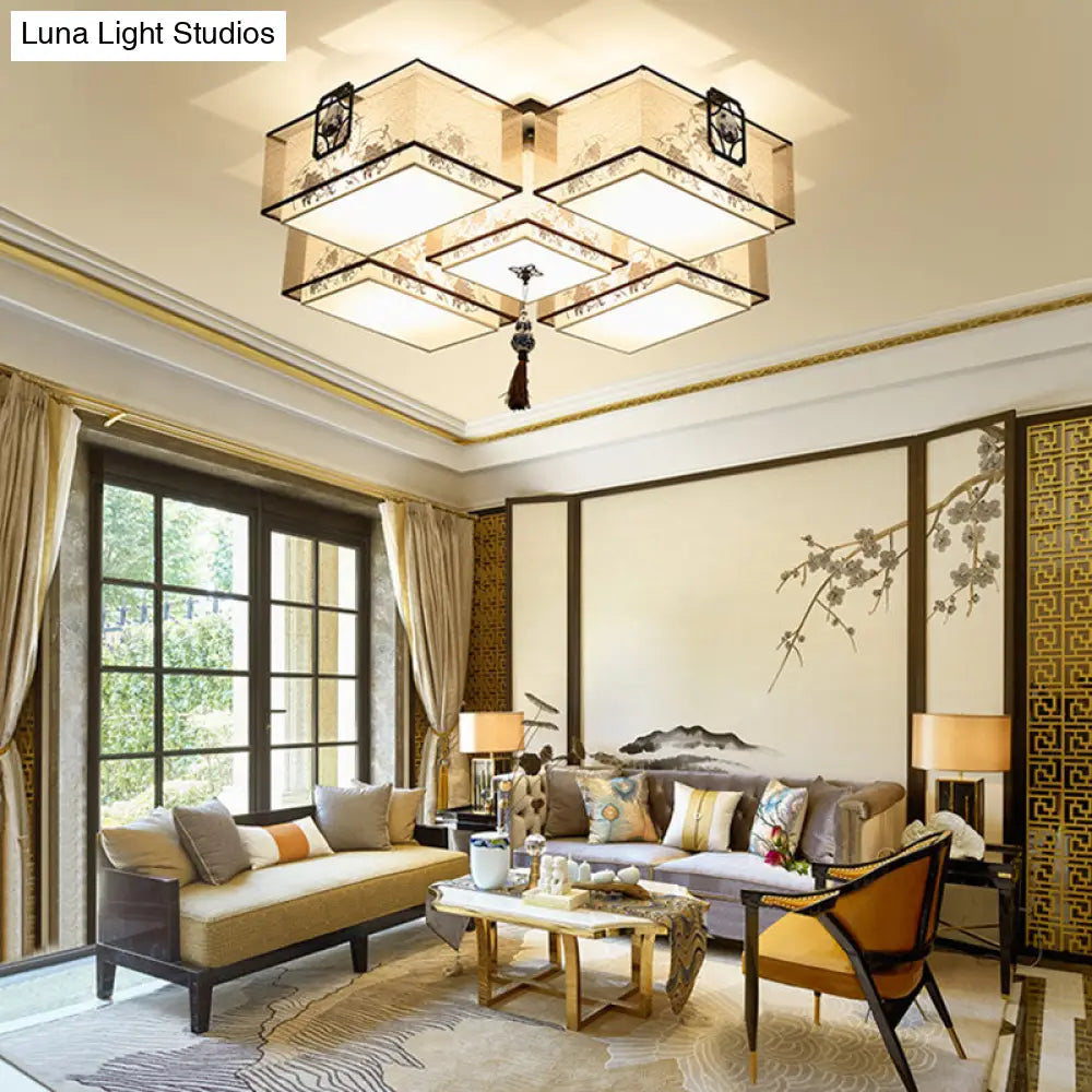 Classic White Flush Mount Ceiling Light - 5 - Light Fixture With Rectangle Fabric Shade