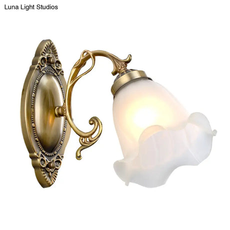 Classic White Wall Light With Single-Bulb & Frosted Glass Flower Shade
