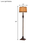Classic Wood Standing Floor Lamp With Plated Fabric Shade - Dark Coffee Drum Design