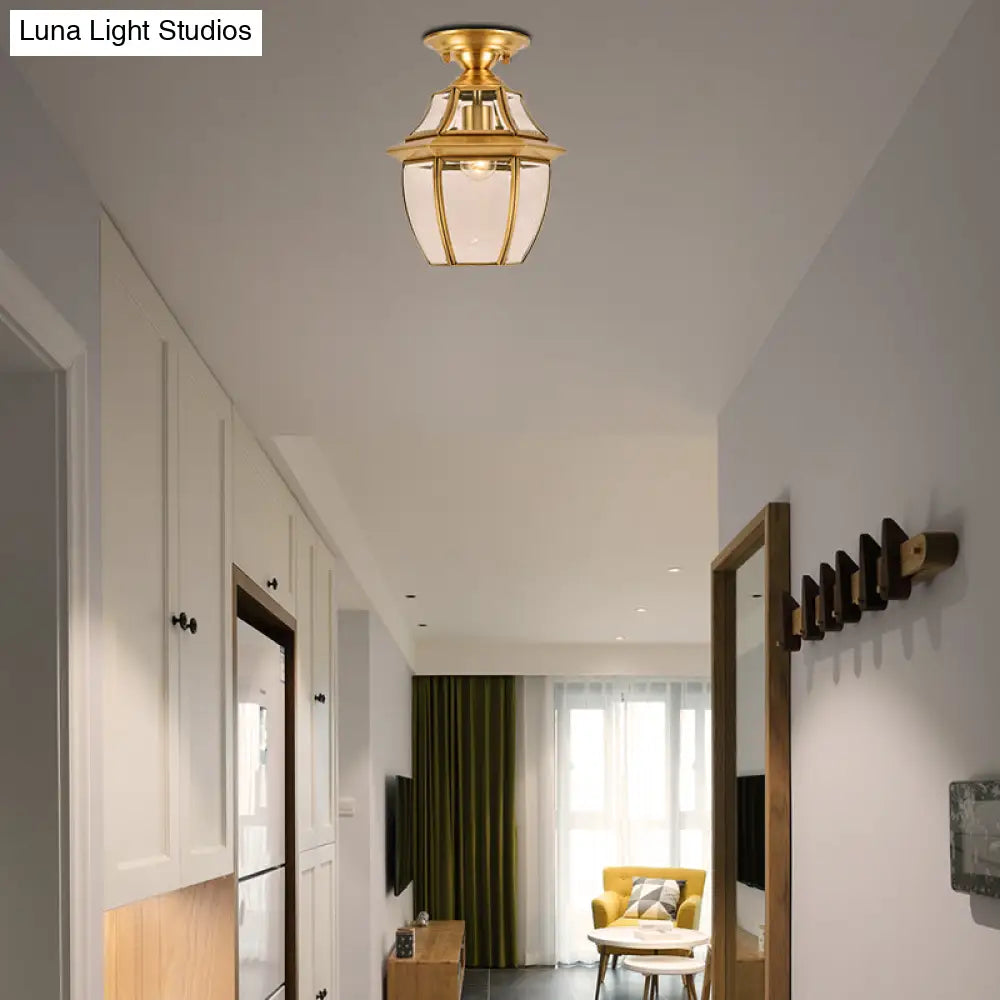 Clear Bevel Glass Lantern Bedroom Flush Mount Light - Colonial 1-Bulb Brass Ceiling Lamp