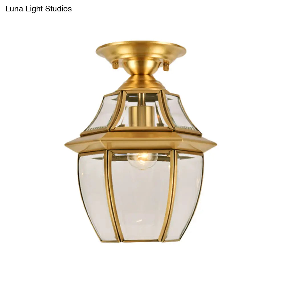 Clear Bevel Glass Lantern Bedroom Flush Mount Light - Colonial 1-Bulb Brass Ceiling Lamp