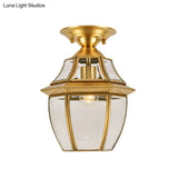 Clear Bevel Glass Lantern Bedroom Flush Mount Light - Colonial 1-Bulb Brass Ceiling Lamp