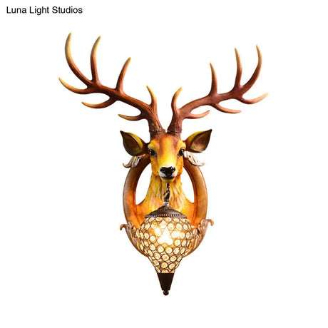Clear Beveled Crystal Sconce With Rural White/Brown/Black Finish And Faux Elk Backplate - Bedroom