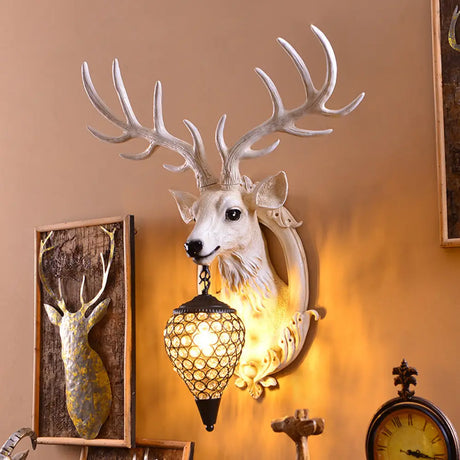 Clear Beveled Crystal Sconce With Rural White/Brown/Black Finish And Faux Elk Backplate - Bedroom
