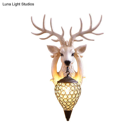 Clear Beveled Crystal Sconce With Rural White/Brown/Black Finish And Faux Elk Backplate - Bedroom
