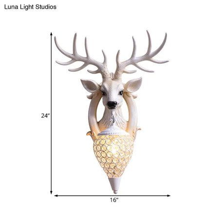 Clear Beveled Crystal Sconce With Rural White/Brown/Black Finish And Faux Elk Backplate - Bedroom