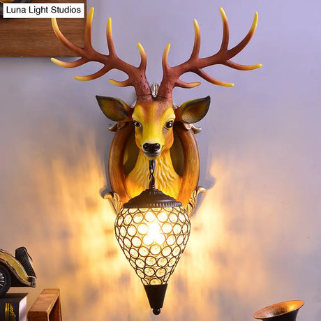 Clear Beveled Crystal Sconce With Rural White/Brown/Black Finish And Faux Elk Backplate - Bedroom