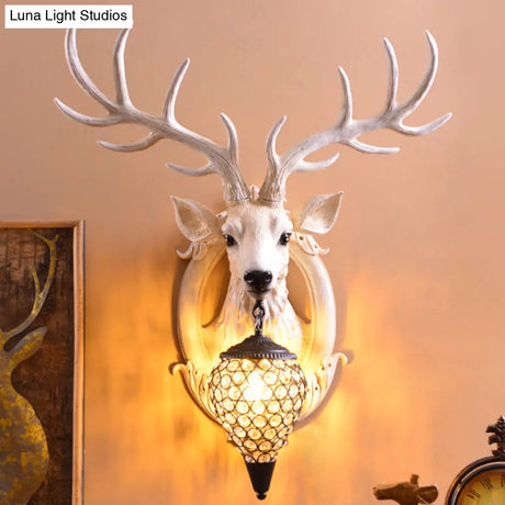 Clear Beveled Crystal Sconce With Rural White/Brown/Black Finish And Faux Elk Backplate - Bedroom