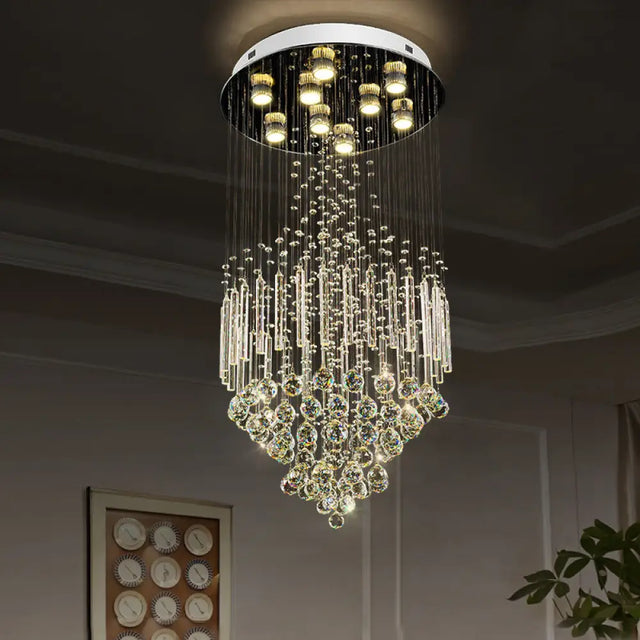 Clear Crystal Conical Flush Mount With 9 Lights - Minimalist White Light For Living Room