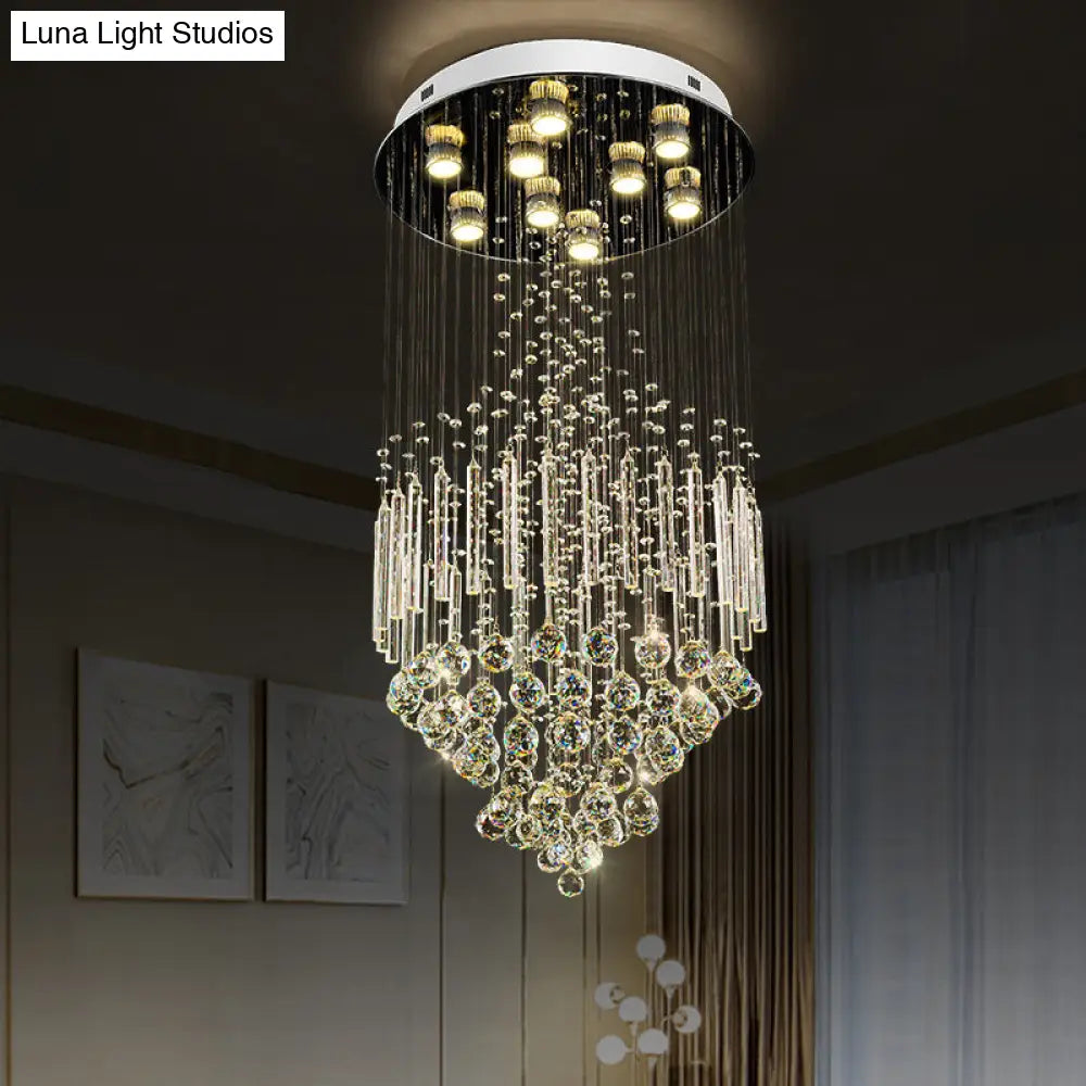 Clear Crystal Conical Flush Mount With 9 Lights - Minimalist White Light For Living Room