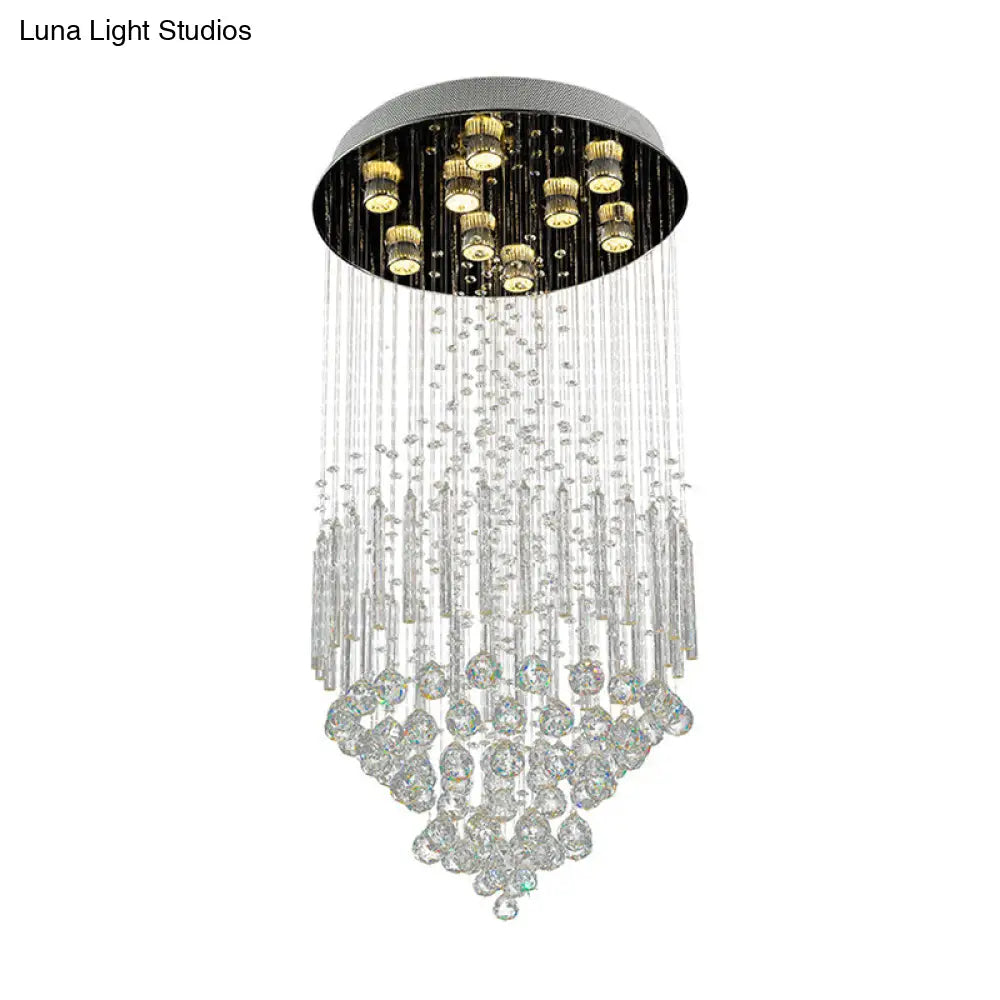 Clear Crystal Conical Flush Mount With 9 Lights - Minimalist White Light For Living Room