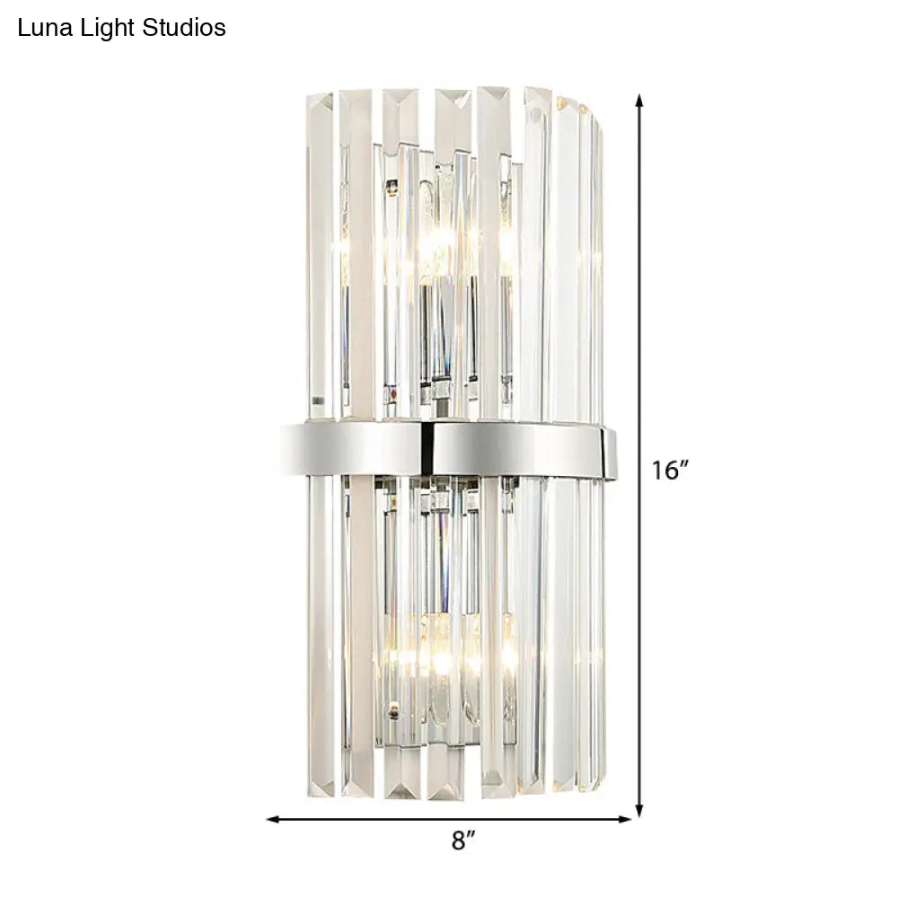 Clear Crystal Cylinder Wall Sconce In Chrome - Contemporary 2 Light Bedroom Lighting Fixture