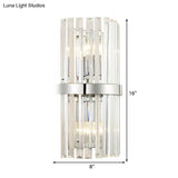 Clear Crystal Cylinder Wall Sconce In Chrome - Contemporary 2 Light Bedroom Lighting Fixture