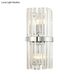 Clear Crystal Cylinder Wall Sconce In Chrome - Contemporary 2 Light Bedroom Lighting Fixture