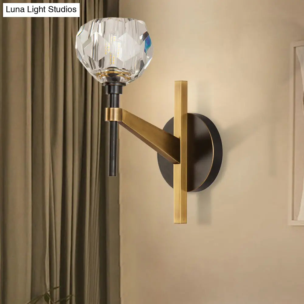 Clear Crystal Dome Wall Sconce Lamp In Brass Finish: Modern Style For Living Room