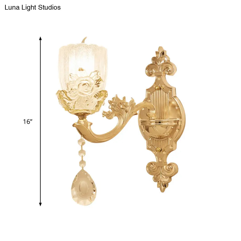 Clear Crystal Floral Shade Wall Lamp - Traditional Brass Sconce Light With Curvy Arm 1/2-Head
