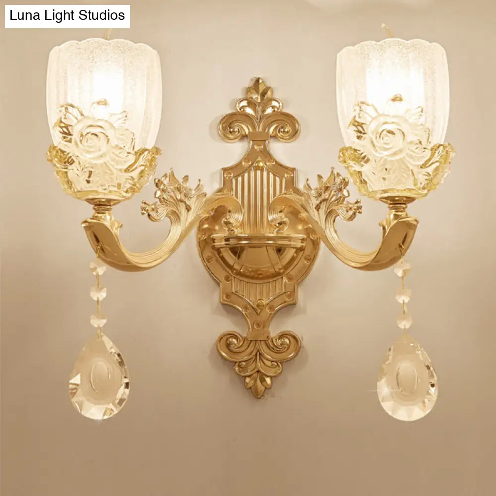 Clear Crystal Floral Shade Wall Lamp - Traditional Brass Sconce Light With Curvy Arm 1/2-Head