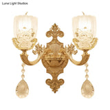Clear Crystal Floral Shade Wall Lamp - Traditional Brass Sconce Light With Curvy Arm 1/2-Head