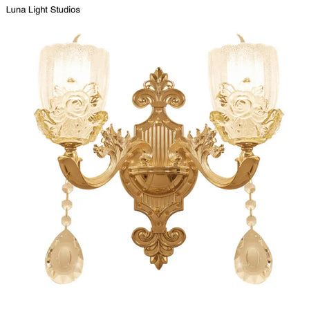 Clear Crystal Floral Shade Wall Lamp - Traditional Brass Sconce Light With Curvy Arm 1/2-Head