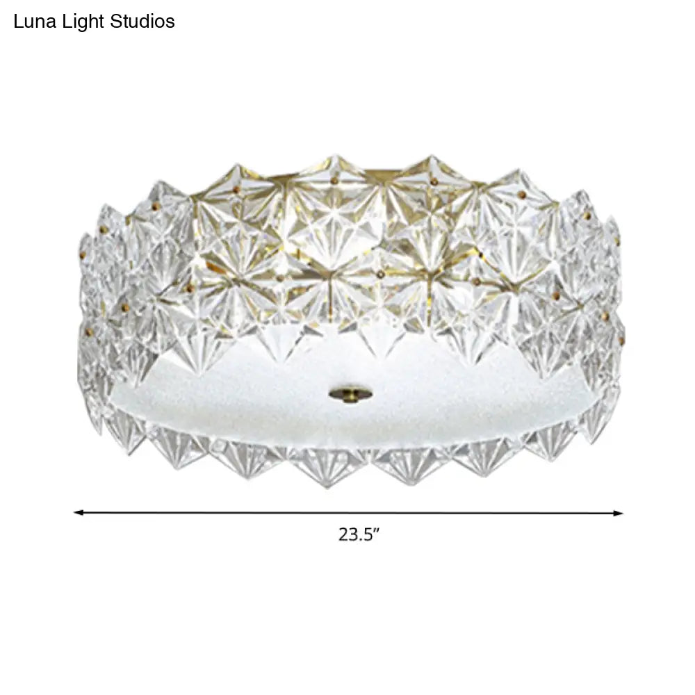 Clear Crystal Flush Ceiling Light - Contemporary Round Bedroom Lighting