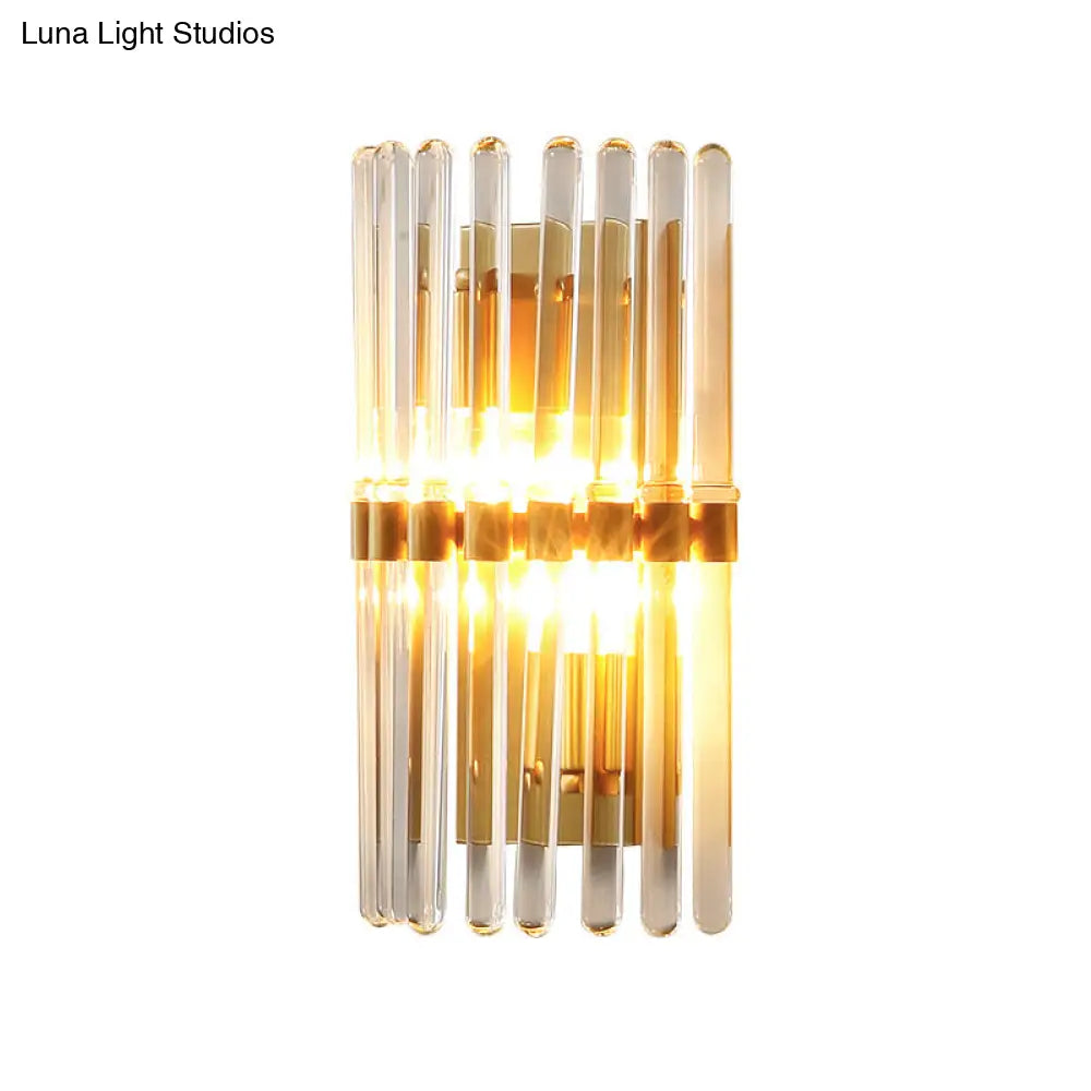 Clear Crystal Half-Cylindrical Wall Sconce Lamp: Contemporary Brass Finish Lighting For Bedroom
