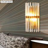Clear Crystal Half-Cylindrical Wall Sconce Lamp: Contemporary Brass Finish Lighting For Bedroom