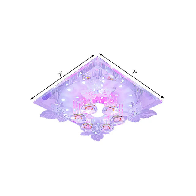 Clear Crystal Led Flush Mount Ceiling Light With Leaf Deco In Warm/White - 7/9.5 Width For Hallways