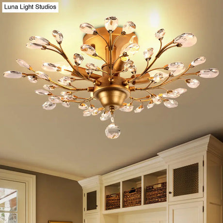 Clear Crystal Semi Flush Ceiling Fixture - 4 Bulb Traditional Branching Design For Bedroom